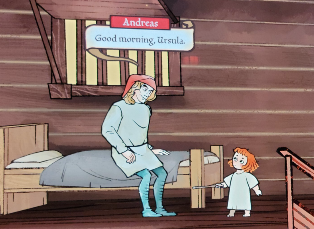 A screenshot from Obsidian Entertainment's 2022 video game Pentiment. It features the lead character Andreas Maler sitting on his bed speaking to a young redheaded child standing in front of it.